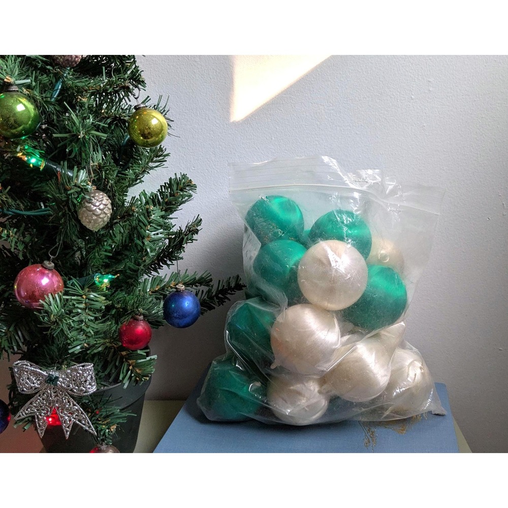 Vintage Spun Rayon Christmas Ornaments Lot Green White Satin Mid Century Decor